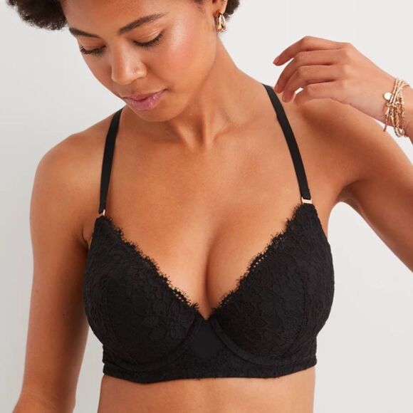 Aerie Show Off Eyelash Lace Plunging Push Up Bra Size 40DD / 40E NEW Balck - Picture 1 of 13